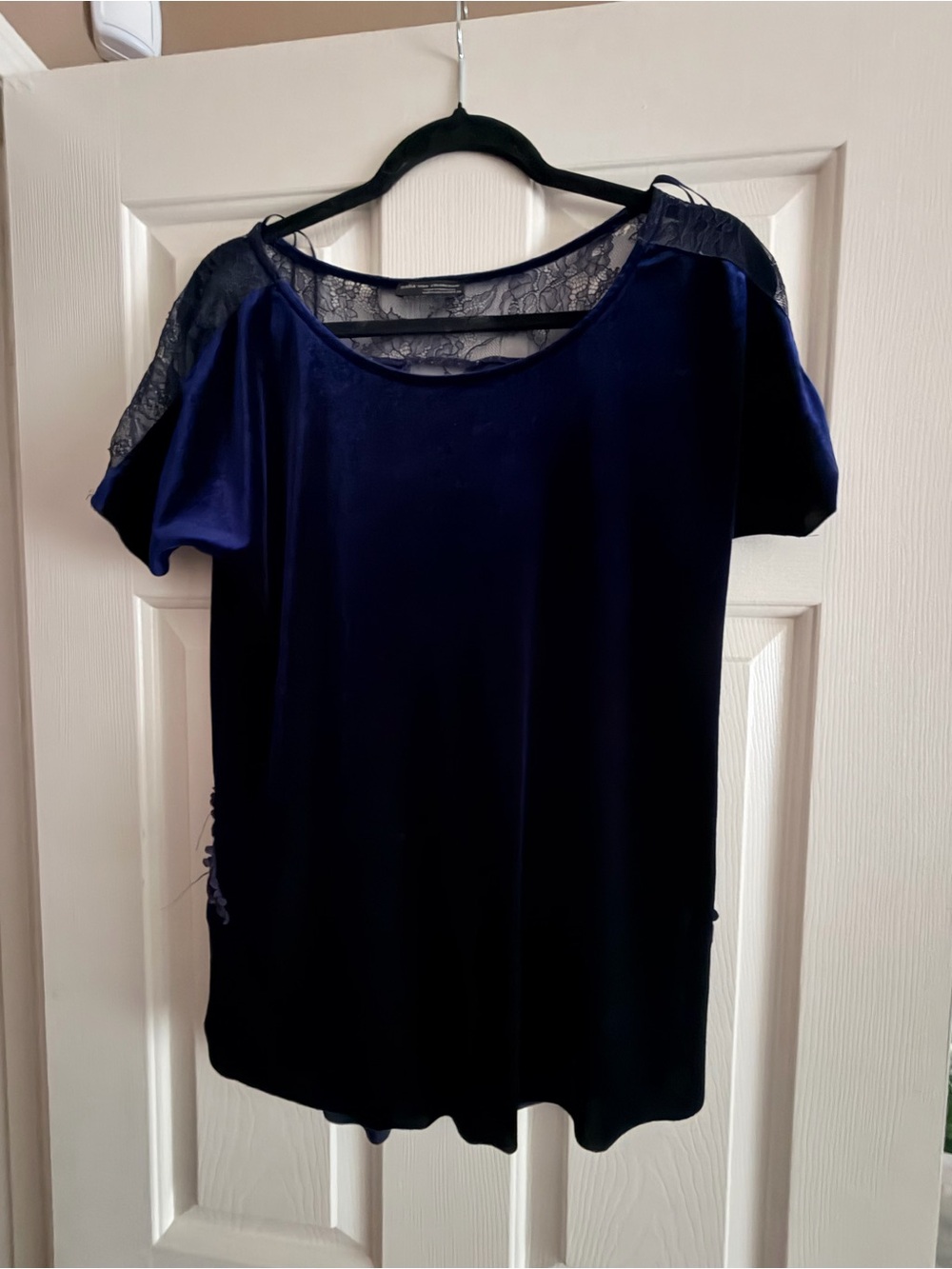 Zara Navy Short Sleeve Top with Lace Yoke